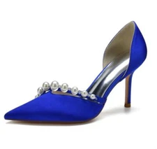 Womens Satin Pointy Toe Pearl Beaded High Heel D'orsay Pump Wedding Shoes 
