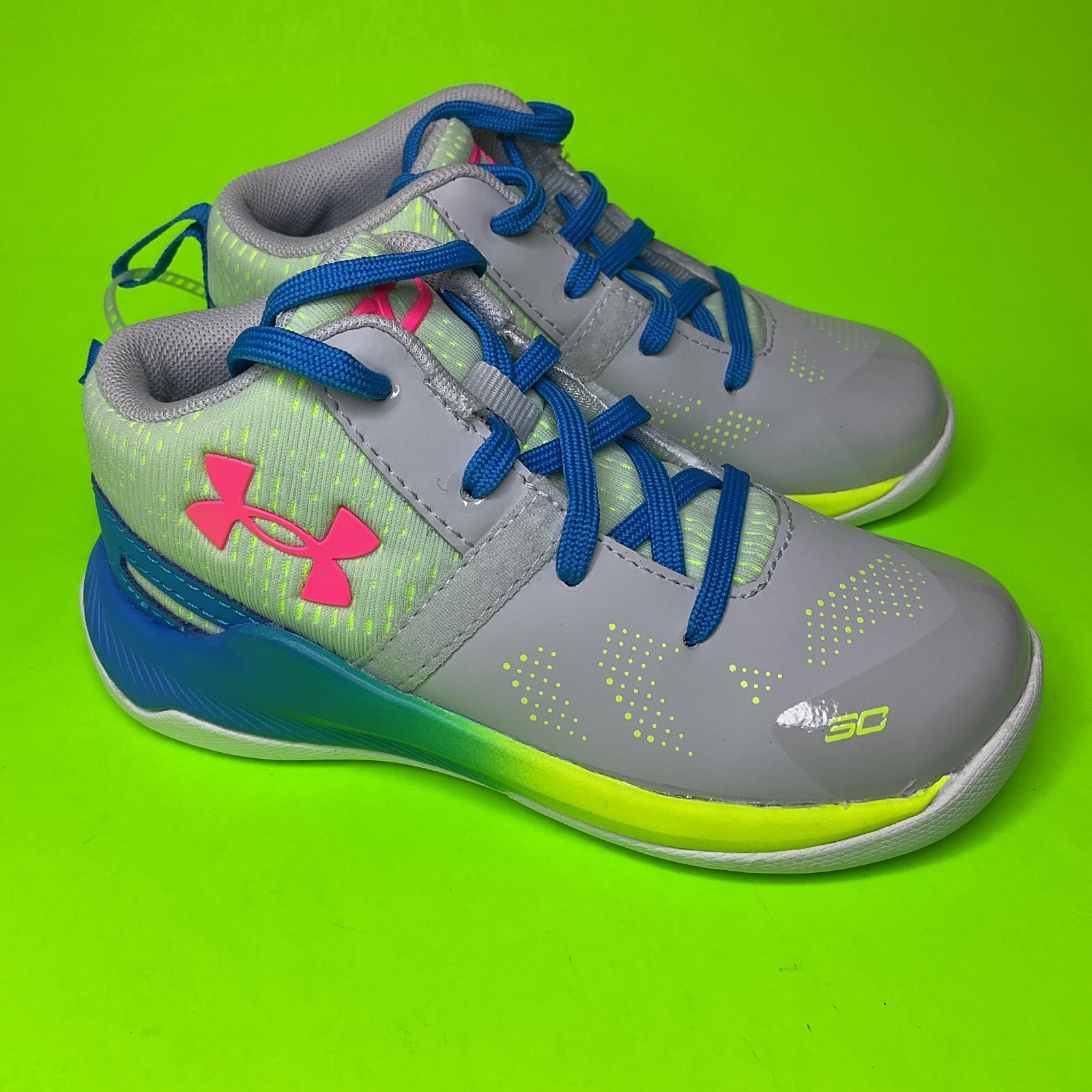 UNDER ARMOUR SC Kids Boys Sneakers Shoes Size 8K Gray w/Blue, Yellow, Green NEW