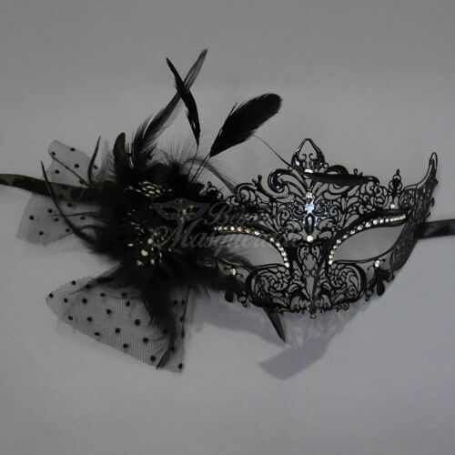 Luxury Metal Venetian Masquerade Mask with Feathers for Women M7110 [Black] - Picture 1 of 4
