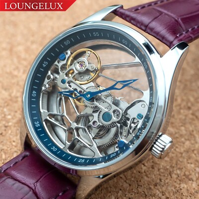 Mens Flywheel Bridge Movement Automatic Mechanical Watch Silver Purple Leather