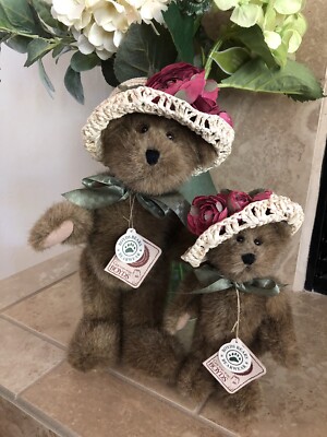 Boyds Bears Lot 2 Adeline & Ashlyn LaBearsley 2001 12  & 8  Plush Straw Hats MWT