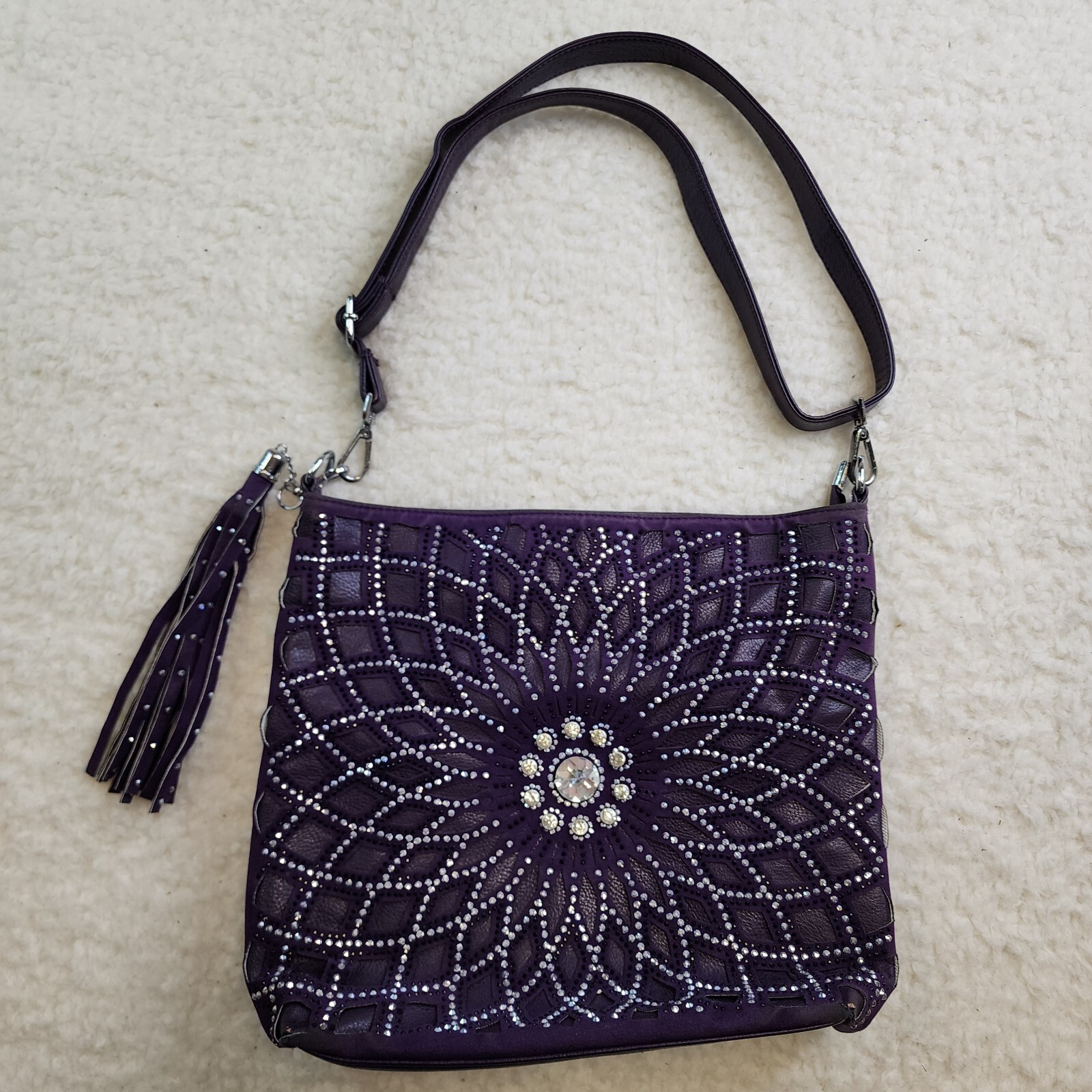 Handbag Purple Bling Floral Mandala Tassel Top Handle Crossbody Y2K Lined-image