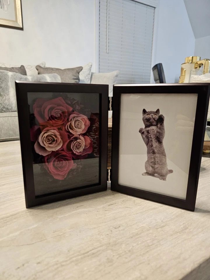 Marco de fotos doble de madera marrón con flores secas y cuadro de gato decoración del hogar" Foto 3 de 4