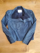 MAJE Womens Zip Front High Collared Steel Blue Lamb Leather Jacket EU 36