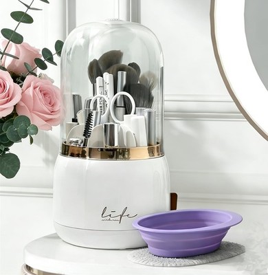 360 Rotating Makeup Brush Holder with Lid Clear Dustproof Make Up Organizers ...