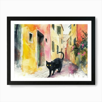 Schwarze Katze in Pescara, Italien, Straße gerahmtes Wandbild Poster Leinwanddruck Bild