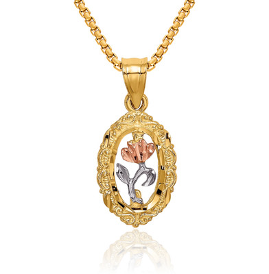 14K Solid Two Tone Gold Flower Oval Necklace