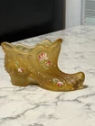 Fenton Yellow Glass Shoe Slipper Satin Floral Hand Painted Signed By M. Fenton