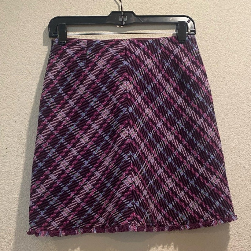 Kate Spade NWT Purple Plumtree Plaid Tweed Fringed Hem Mini Skirt Size 0 thumbnail 3