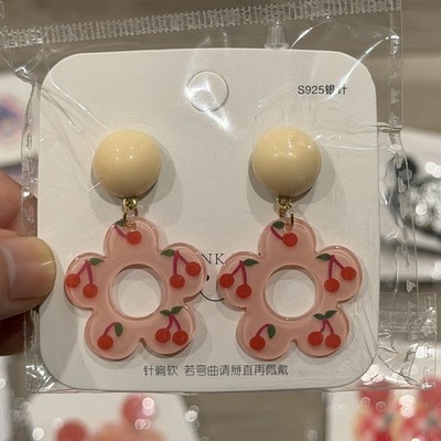 dangle earrings with flower and cherry design, beige round stud  S925 posts