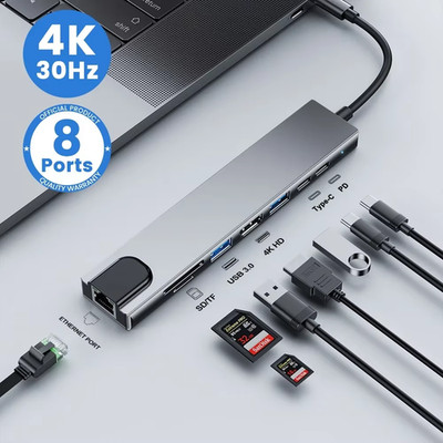 8-in-2 USB + Type-C Hub Docking Station with 3.5mm Audio Jack Adapter, Micro SD