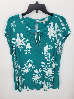 Daniel Rainn Top Womens Plus 1X Teal Green White Floral Cap Sleeve Hawaiian Boho