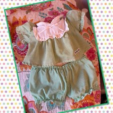 Cute Vintage Cabbage Patch Kids Green Gingham Dress Bloomers Square Yoke Tux