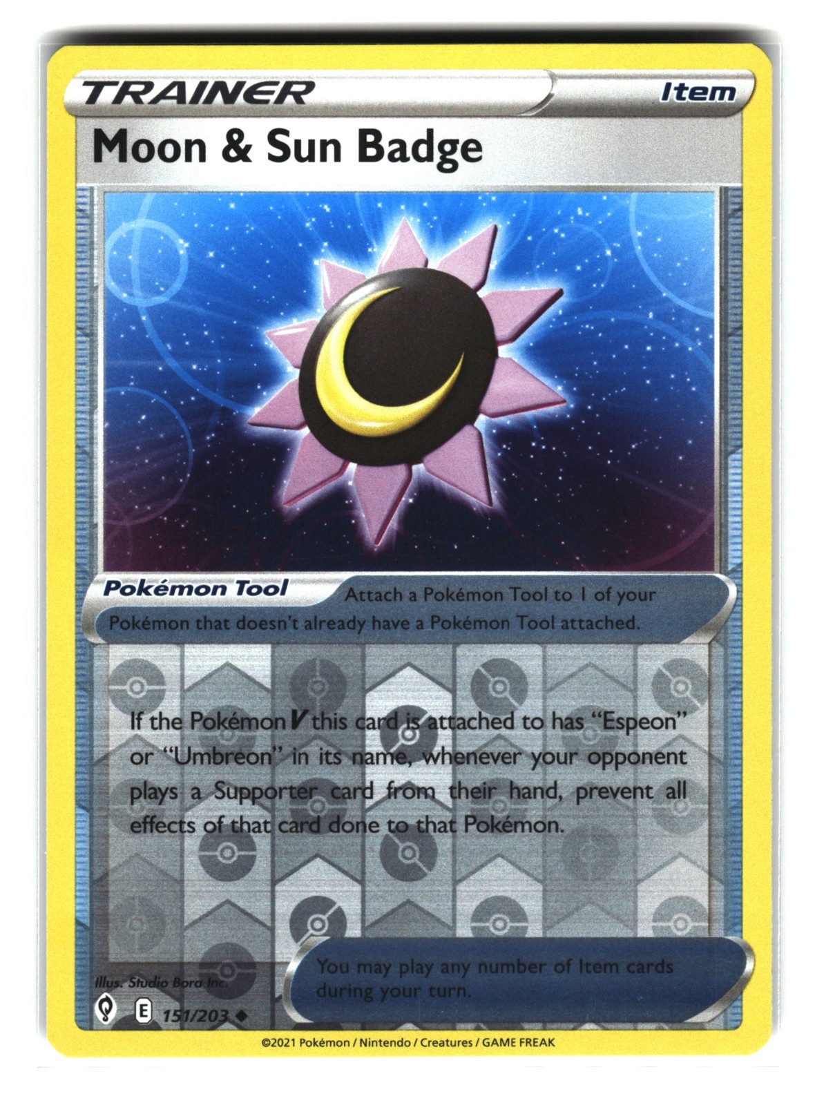 Moon & Sun Badge 151/203 Reverse Holo Trainer Pokemon Tool Pokemon Card