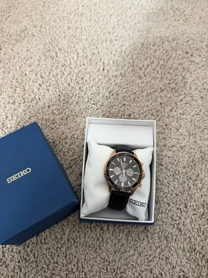 Seiko Men's Chronograph Quartz Tachymeter Black Dial Gold Case Leather Strap