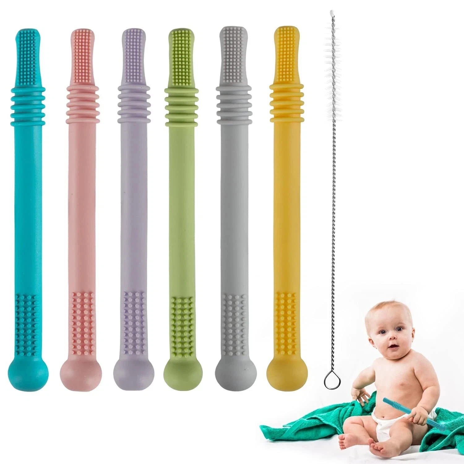 Fu Store Hollow Teether Tube Chew Straw Sensory Toy for Infant Toddlers Silic...