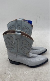 Girls Light Blue Leather Cowboy Pointed Toe Pull On Western Boots Size 1
