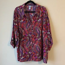 Catherines Womens 3X Paisley Blouse Front Button Office Career Stretch Mature