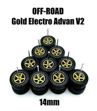 5x Sets Gold Advan V2 14mm OFF ROAD Real Rider Wheel W/ Rubber 1/64 H0T Wheelz