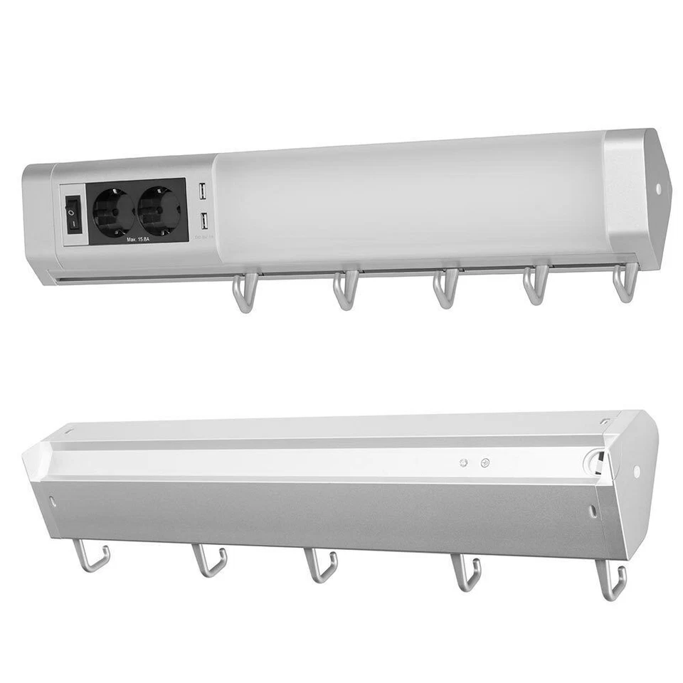 Lampada Luce Sottopensile Cucina Con 5 Ganci Portastoviglie 2 Prese Shucko + USB - Immagine 4 di 4