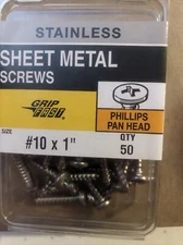 #10 x 1" Sheet Metal Screws Self Tapping Pan Head Stainless Steel Qty 50