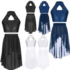 UK Girls Ballet Lyrical Gymnastics Outfits Sequins Crop Top with High-Low Skirt