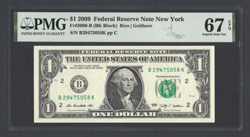 United States-Federal Reserve 1 Dollar 2009 Fr#3000-B (BK Block) UNC Grade 67