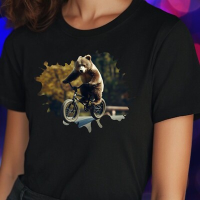 Frauen T-Shirt Bär auf BMX-Rad Motiv Baumwolle Größe S bis 3XL