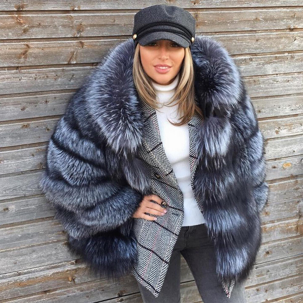 Luxury Women Full Pelt Real Silver Fox Fur Hood Coat Genuine Fur Jacket  Outwear