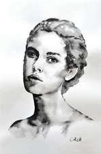 Beautiful lady portrait painting - Black and white minimalist ink wall art