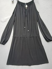 Michael Kors Cold Shoulder Dress L Black Polyester Blouson Tie Detail Knee