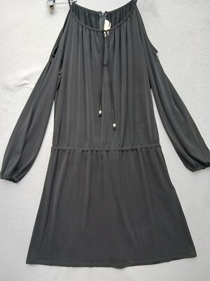 Michael Kors Cold Shoulder Dress L Black Polyester Blouson Tie Detail Knee