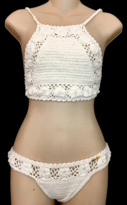 She Made Me Bikini White Crochet Tassels Halter Size S/M Runs Small - Image 1 of 4