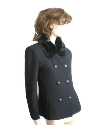 SHARAGANO PARIS -FRANCE BLACK DOUBLE BREASTED FAUX FUR COLAR JACKET SIZE 1/M