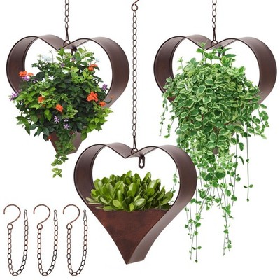 Romooa 3 Pack Metal Heart Shape Plant Hangers Hanging Planters with Hooks Chains