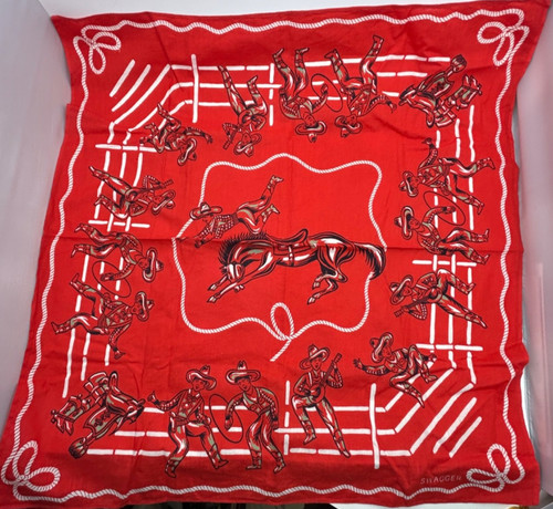 Vintage 1950s SWAGGER Cowboy Red Bandana Handkerchief Western Rodeo Quad Colored
