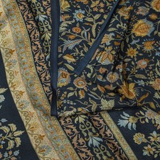 Sanskriti Vintage Saree Blue 100 Pure Crepe Floral Printed Sari 6Yd Craft Fabric
