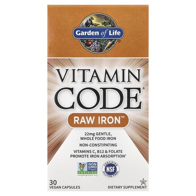 Garden of Life Vitamin Code RAW Iron 30 Vegan Caps Gluten-Free, Kosher, No