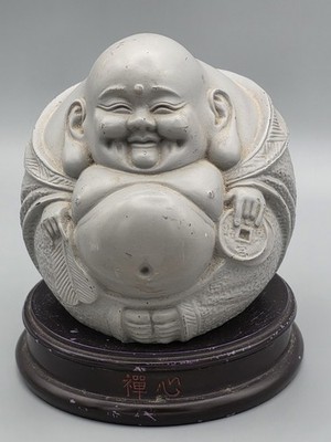 Vintage Laughing Buddha Statue on Wood Base Feng Shui Asian Decor Nice