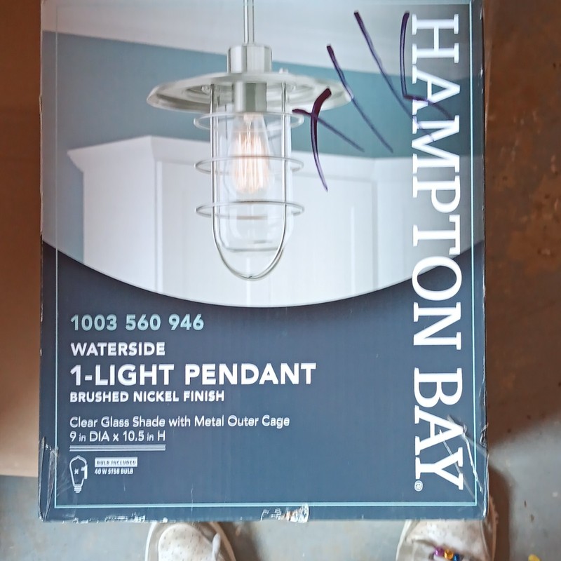 Hampton Bay Waterside 1-Light Pendant Brushed Nickel Clear Glass Metal Cage 9"
