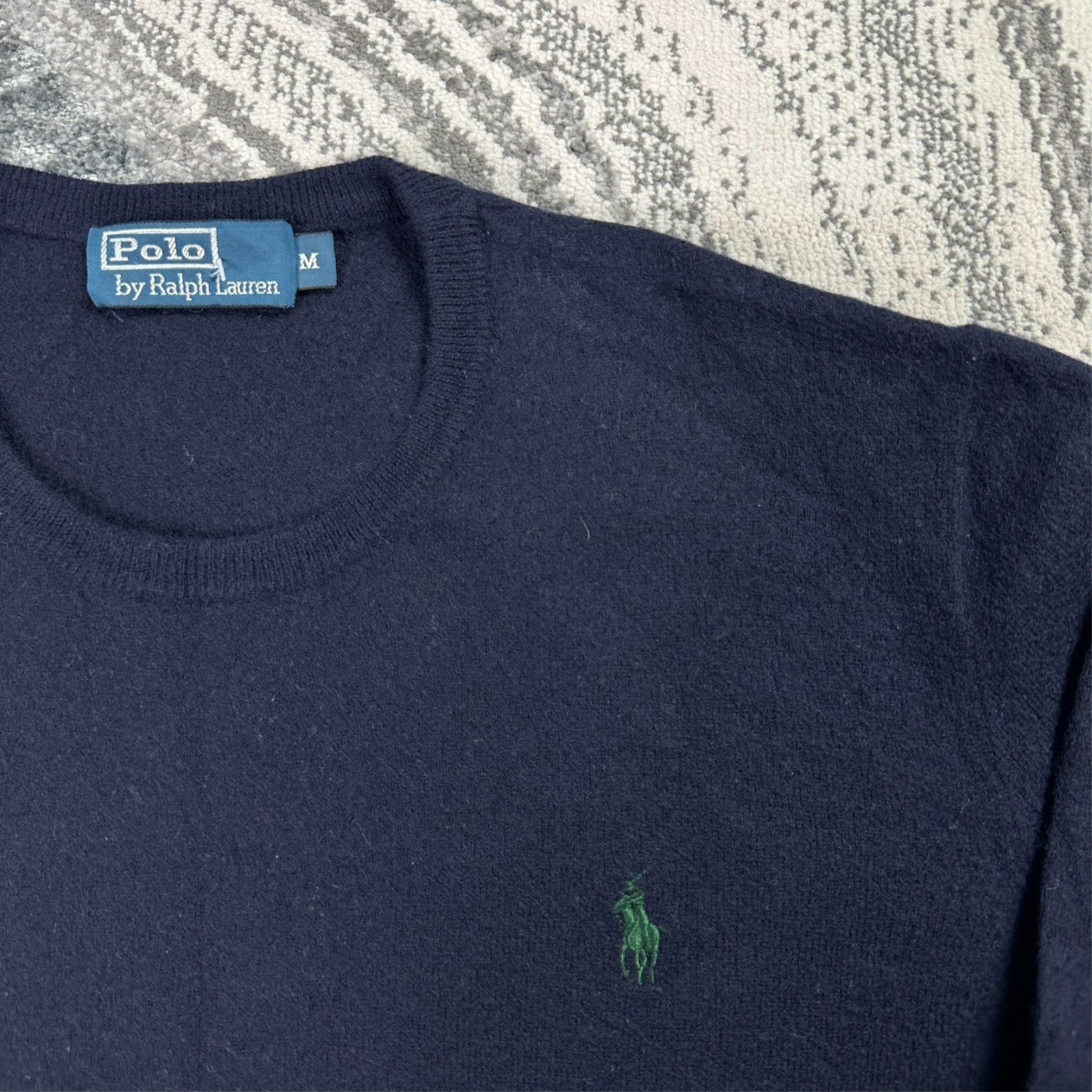 Vintage Polo Ralph Lauren Navy Merino Wool Green Pony Size Medium Knit Jumper image 3