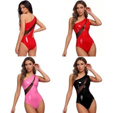Women Leotard Glossy Bodysuit Competition Clubwear One Shoulder Costume Dance