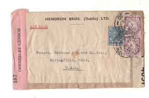 DUBLIN IRELAND, DUAL CENSORS WWII TO SPRINGFIELD OHIO U.S.A. 1942 AIRMAIL