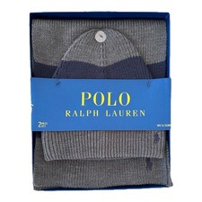 Polo Ralph Lauren Beanie Hat Scarf 2-Piece Set Gray Navy One Size NWT