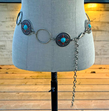 Vintage Southwestern Concho Chain Hip Belt 90s Faux Turquoise Metal Western Boho