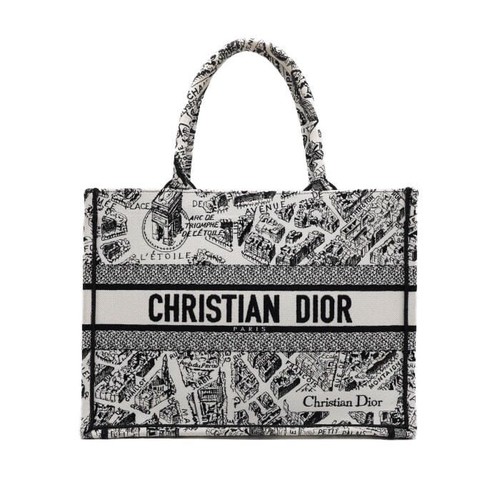 Dior Medium Book Tote White Black Plan de Paris Embroidery Women's 155627345