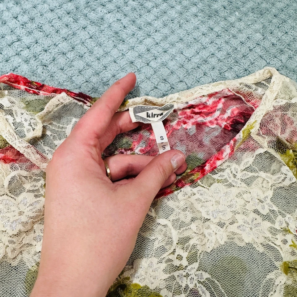 vintage style retro y2k cream lace floral long sleeve sheer blouse KIRRA S - Image 3 of 3