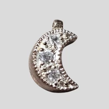Sparkly 925 Silver Crescent Moon Charm Rhinestone Crystal Tiny Whimsical Gift