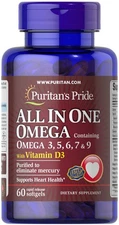 Puritan's Pride All In One Omega 3, 5, 6, 7 & 9 with Vitamin D3 - 60 Softgels