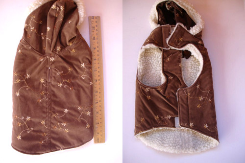 Dog Coat Velvet Suede, Embroidered Floral, Sherpa Fleece Lining, Hood Size S